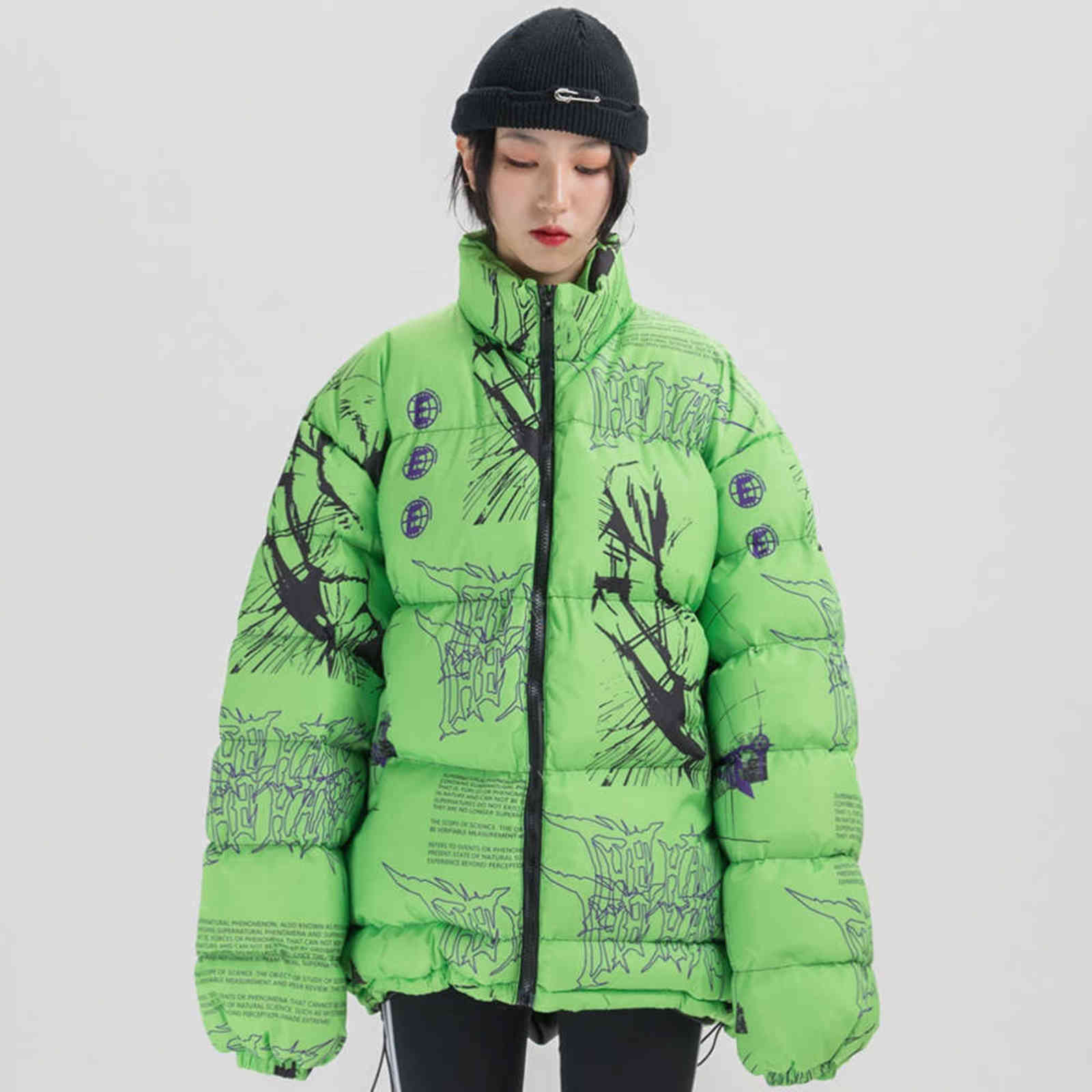 TEDSN Down Jacket Japanese Cartoon Graffiti Print Men Thick Parka Winter Warm Padded Coats Harajuku Windbreaker Streetwear 211110