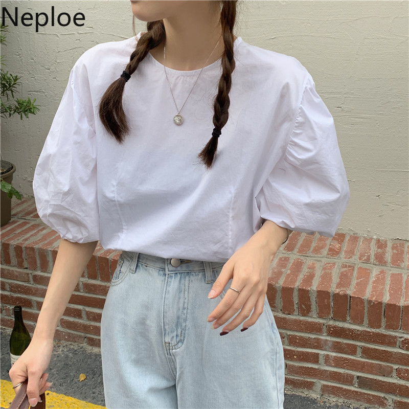 Neploe Sweet Casual Outfit Female O Neck Puff Sleeve White Shirt with Knit Pink Sling Crop Tops Two Piece Set Fashion Suit Women 210422