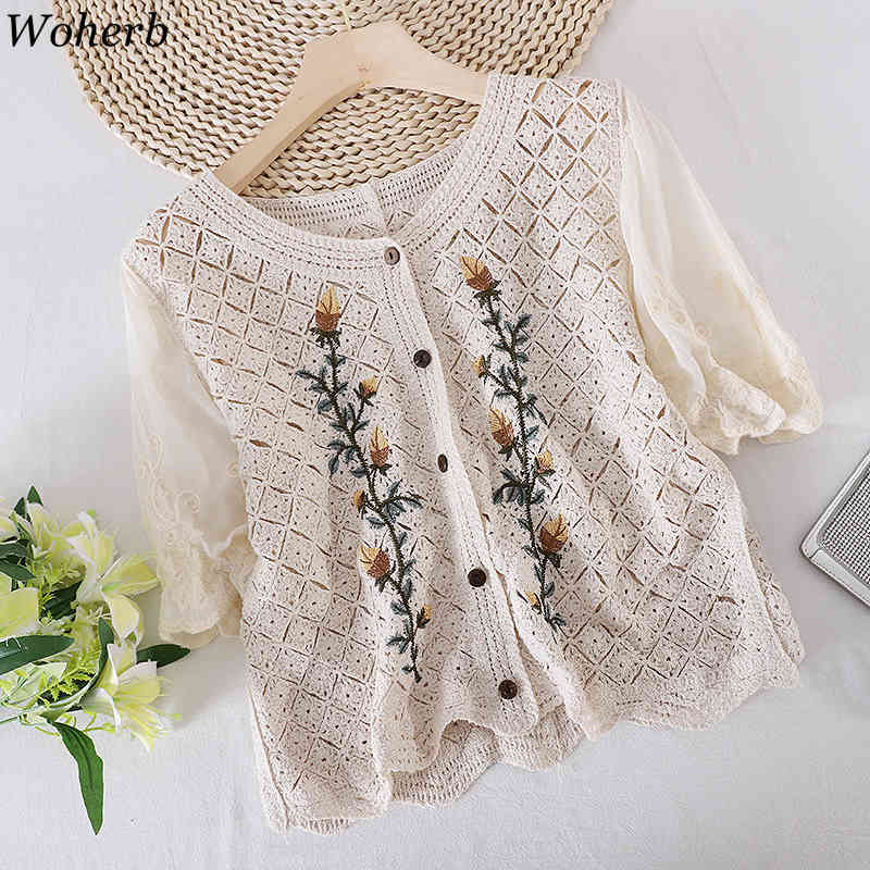 Sweet Flower Embroidery Cardigan Blouse Women Short Sleeve Single Breasted Ladies Hollow Out Vintage Coat Shirt 210519
