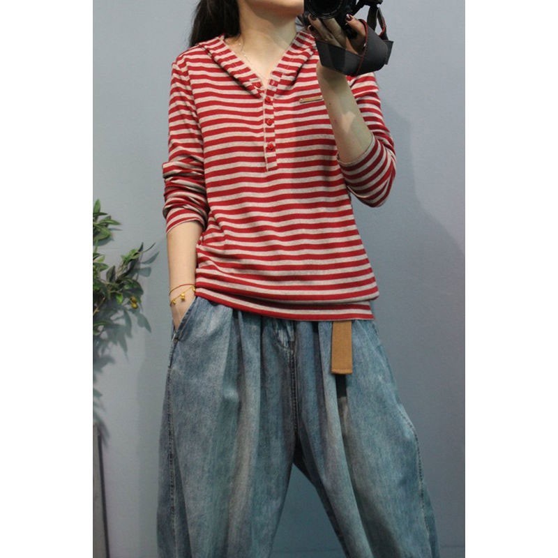 Spring Autumn Arts Style Women Long Sleeve Casual Hooded Pullovers Cotton Striped Loose Hoodies High Quality M501 210512