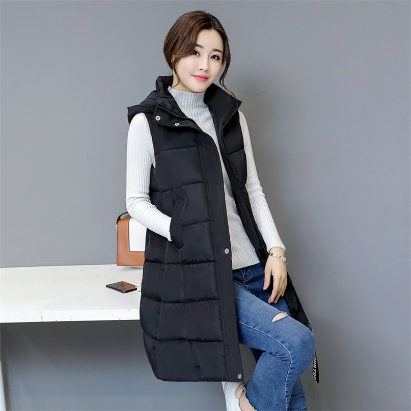 Winter Women Cotton Down Vest Plus Size M-5XL Sleeveless Warm Hooded Loose Casual Long Female Outerwear Padded Jacket 211120