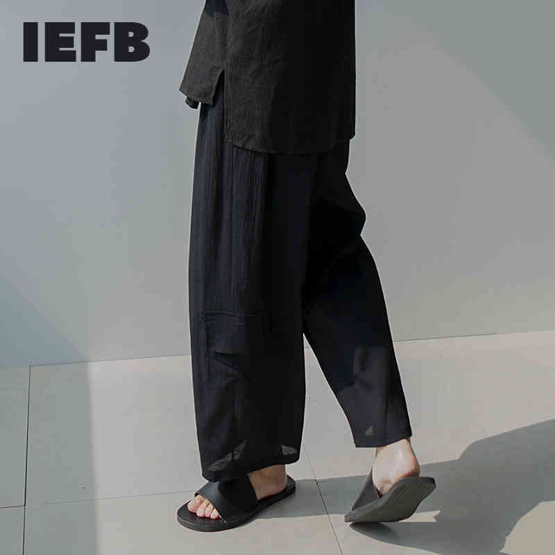 IEFB Summer Linen Lightweight Black Causal Wide Leg Pants Men's Trend Straight Ankle Length Pants Loose Trousers 9Y7216 210524