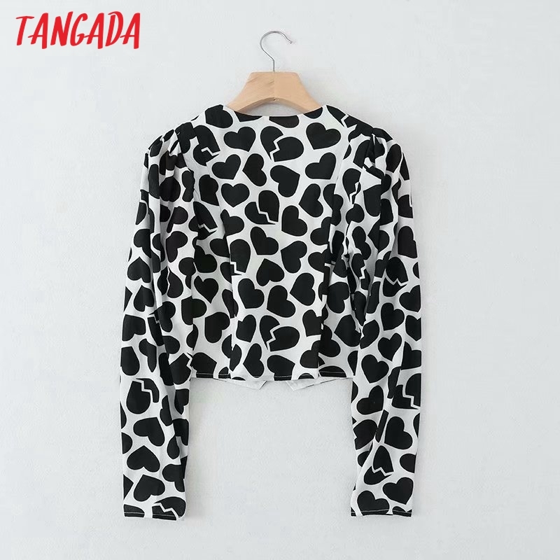 Women Retro Heart Print Crop Long Sleeve Chic Female Short Blouse Shirt Tops 5B20 210416