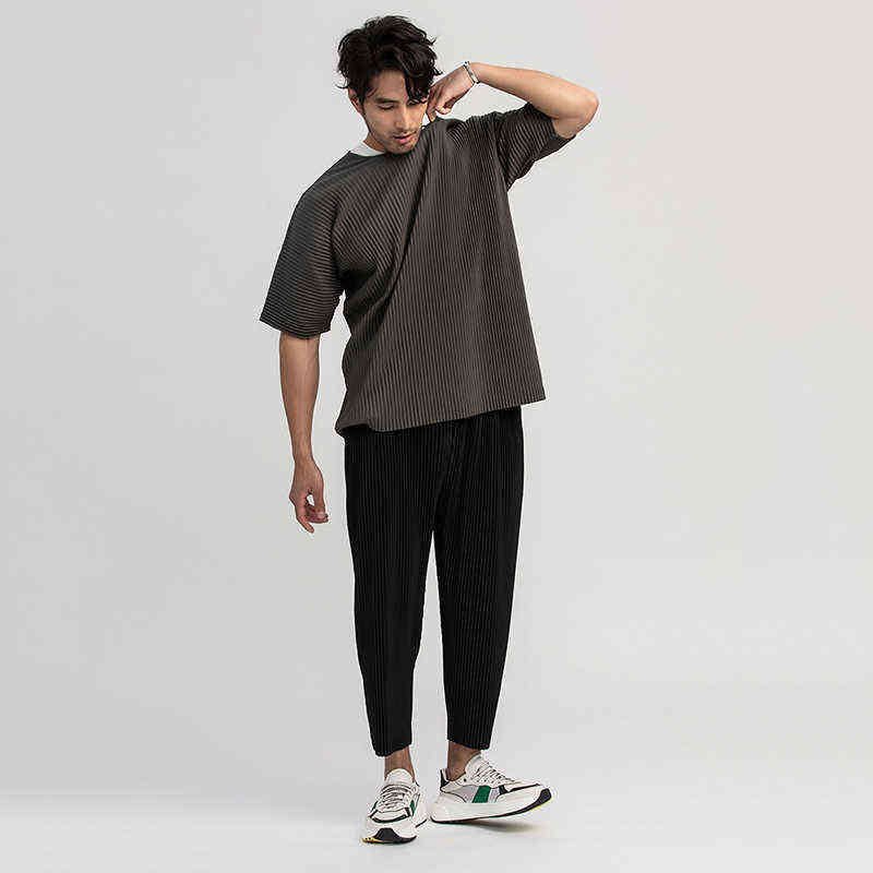IEFB /men's wear pleated trousers for male Japanese stretch fabric thin style loose drawstring casual ankle-length pants 9Y3050 211112