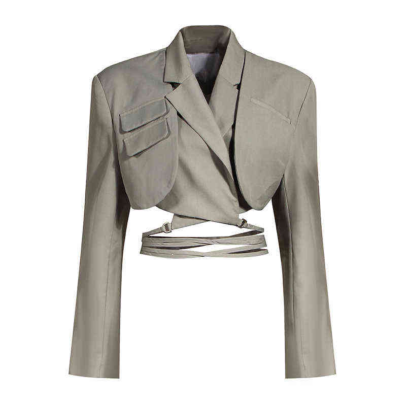 TWOTWINSTYLE Cross Short Black Blazer For Women Notched Long Sleeve Hollow Out Casual Blazers Female Fashion Clothing 211120