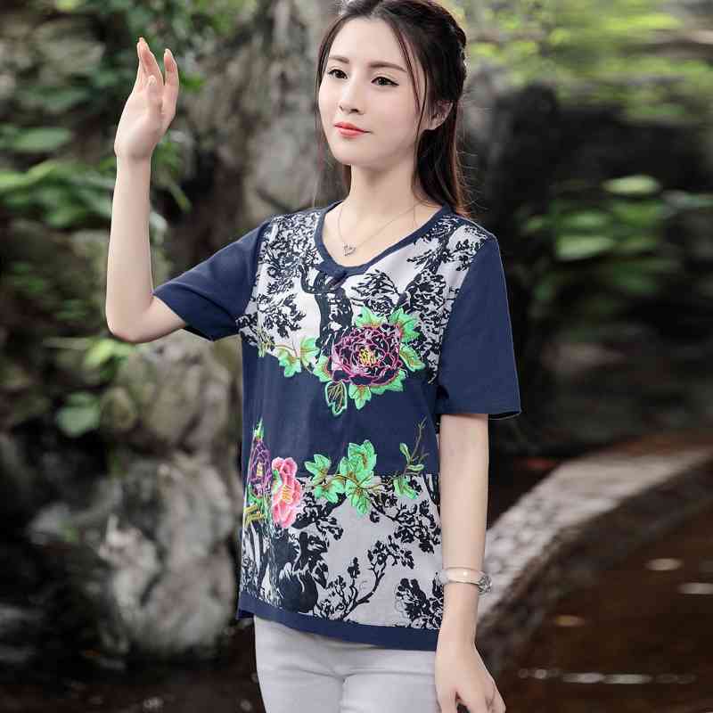 fashion floral embroidery women shirt blouse short-sleeve 's clothing plus size loose tops blusas D824 30 210506