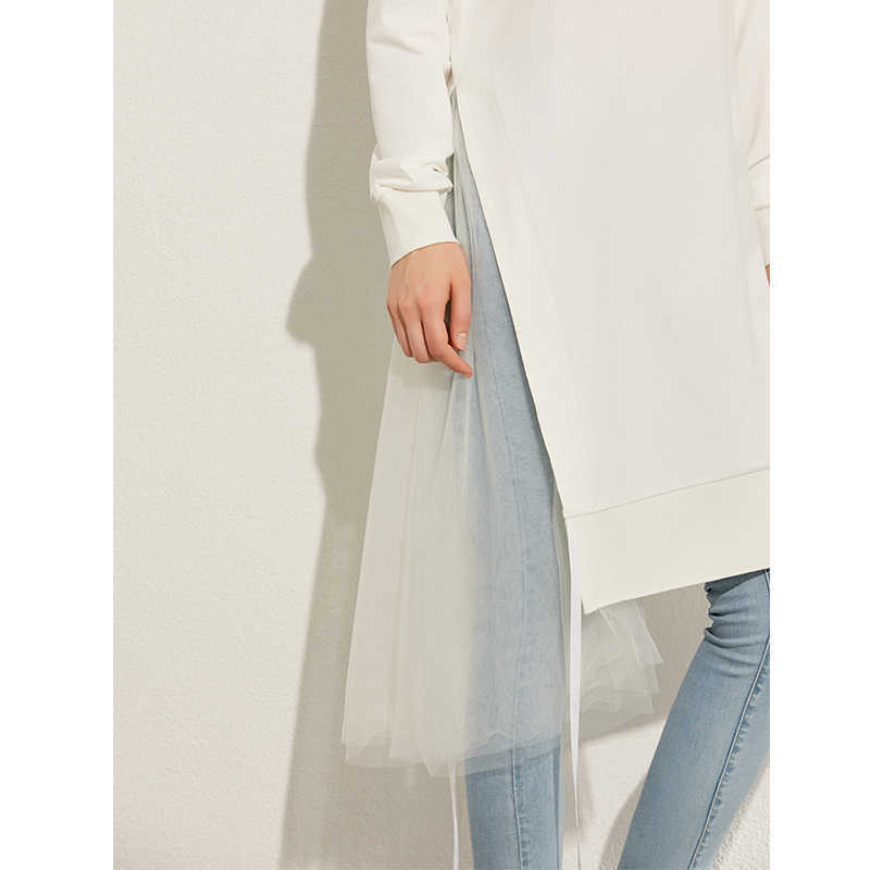 Minimalism Autumn Fashion Solid Spliced Lace Women Hoodies Causal Oneck Loose Long Female Pullover Tops 1129 210527