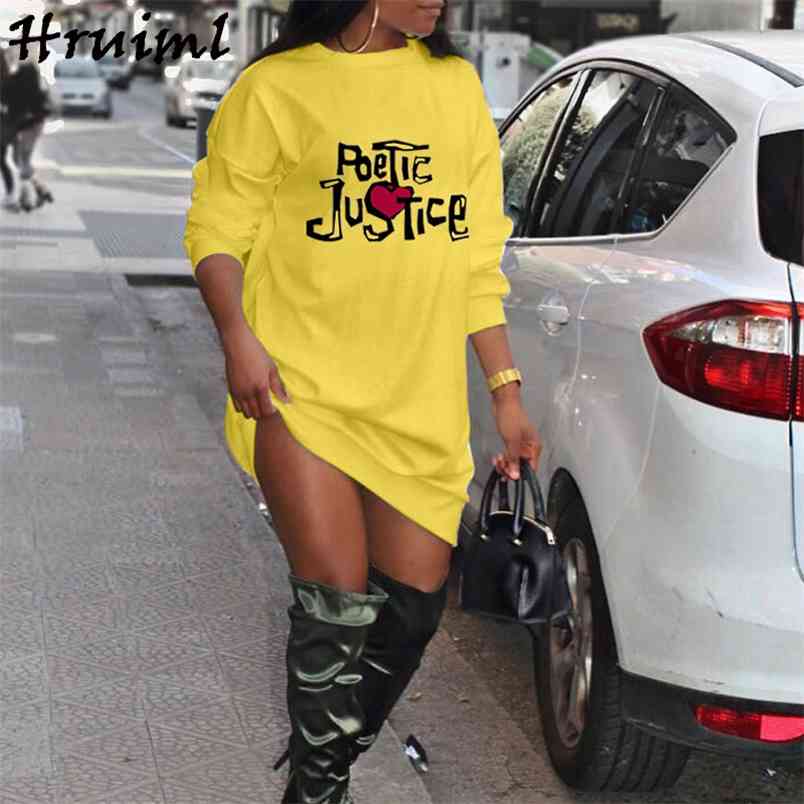 Casual Tshirt Dress Letter Print Long Sleeve O Neck Mini Fashion High Street Solid Autumn Straight Sweatshirt 210513