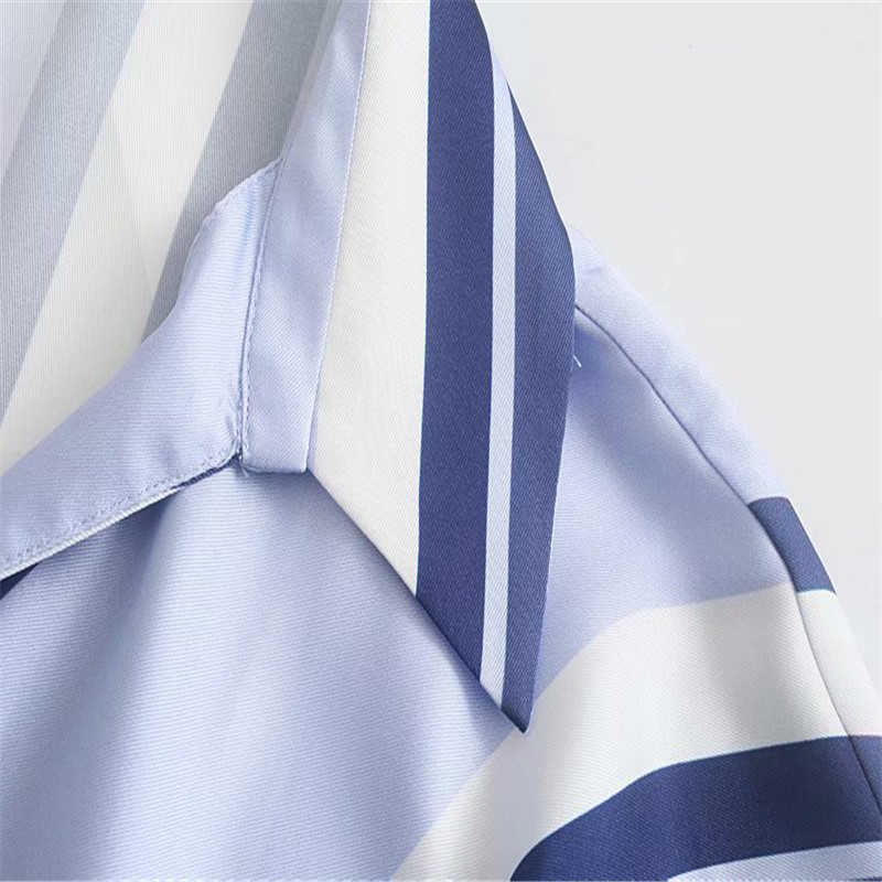 Za Striped Cropped Shirt Women Short Sleeve Knotted Blue Blouse Feminine Fashion Hidden Button Vintage Summer Wrap Top 210602