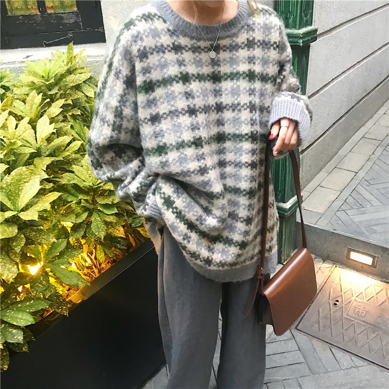 Lazy Style Plaid Women Office Lady Thicken Fashion Geometric Tops Arrival OL All Match Elegant Knitted Sweaters 210421