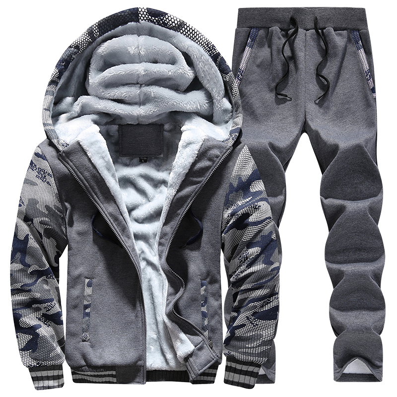 Winter Inner Fleece Hoodies Men Casual Hooded Warm Sweatshirts Male Thicken Tracksuit 2PC Jacket+Pant Men Moleton Masculino 220211