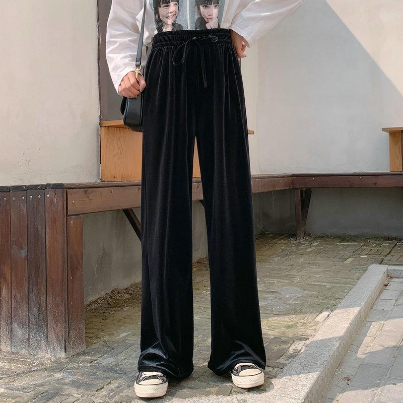 Women's Pants & Capris Streetwear Velvet Trousers Harajuku High-waisted Wide-leg Women 2021 Autumn And Winter Warmth Belt Loose Casual