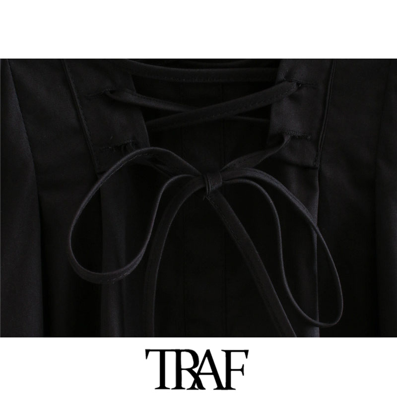 TRAF Women Chic Fashion With Drawstring Tied Pleated Mini Dress Vintage Long Sleeve Back Zipper Female Dresses Mujer 210409