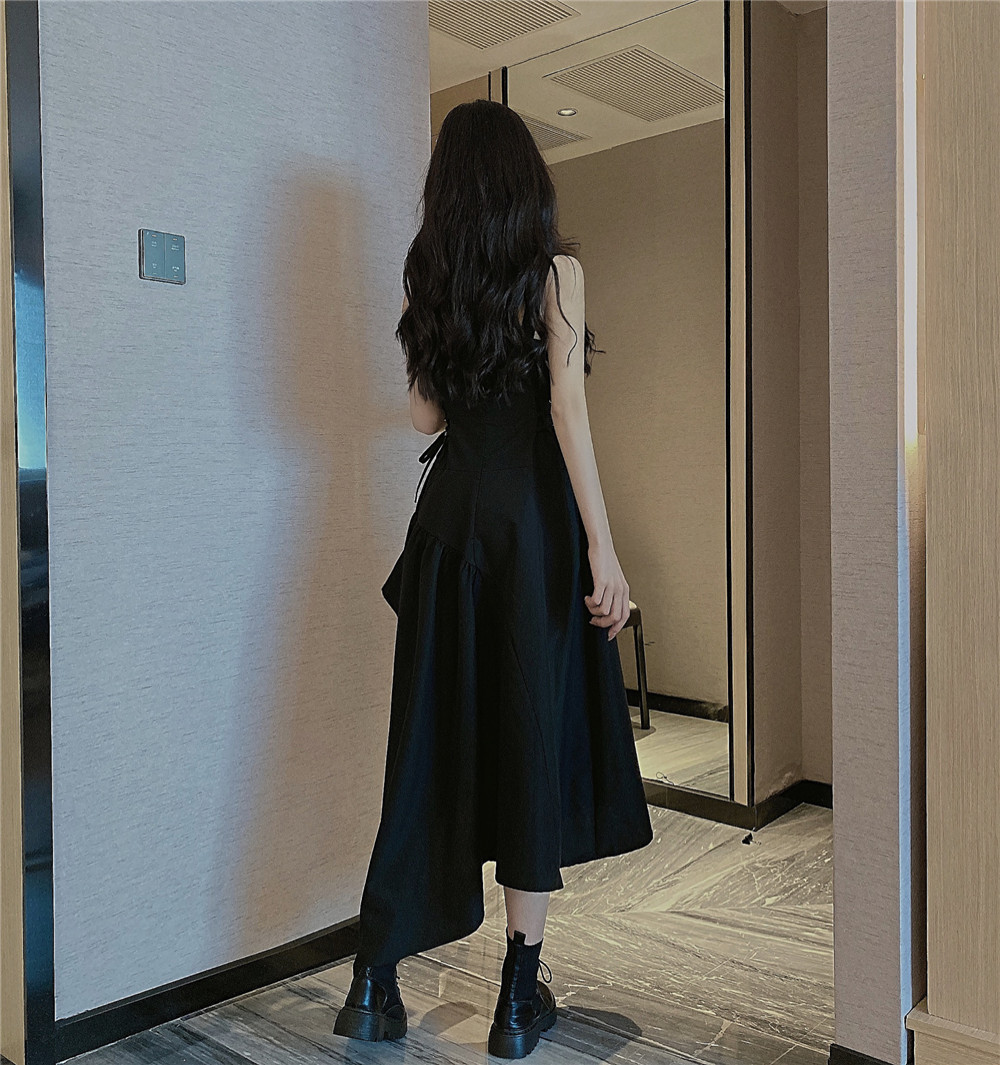 Japanese Style Women Streetwear Irregular Suspenders Black Bandage Dress Sleeveless Elegant Casual Slim 210519