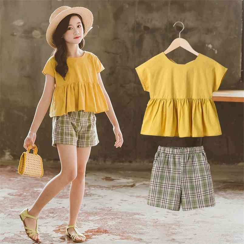 Summer Children Sets Casual Short Sleeve Ruffle Yellow Tops Plaid Shorts 2Pcs Girls Clothes 3-12T 210629
Summer Children Sets Casual Short Sleeve Ruffle Yellow Tops Plaid Shorts 2Pcs Girls Clothes 3-12T 210629