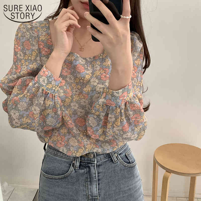 Streetwear Printed Chiffon Blouse Women Shirts Long Sleeve Tops Vintage Floral Loose Office Lady Blouses Blusas 10113 210506
