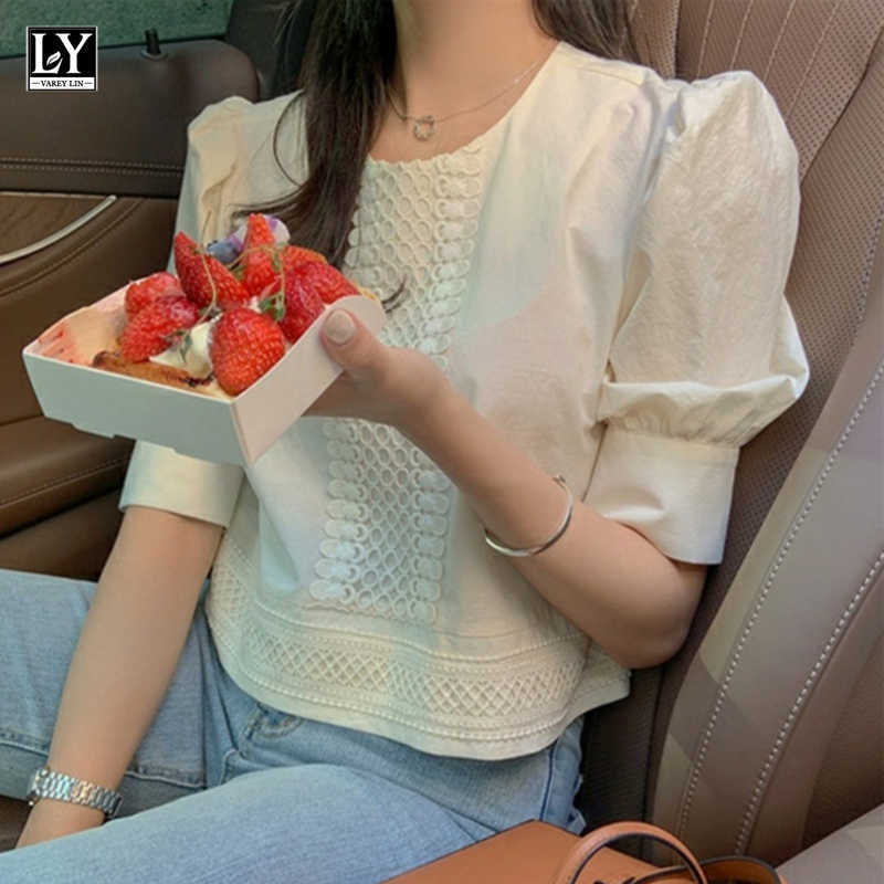 LY VAREY LIN Summer Women Sweet O-neck Puff Sleeve Tops Elegant Lace Loose Office Lady Tender Apricot Short Shirts 210526