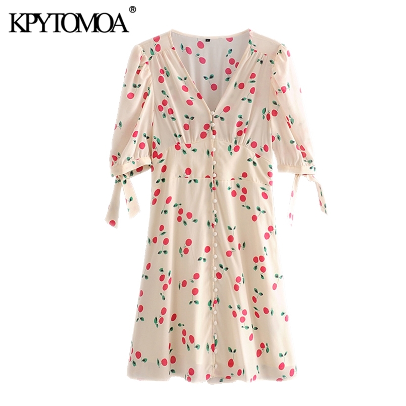 Women Chic Fashion Cherry Printed Buttons Mini Dress Tied Short Sleeves With Lining Female Dresses Mujer 210420