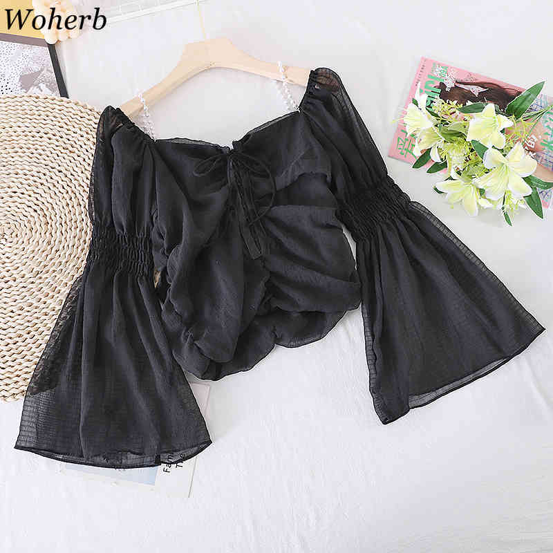 Blouse Women Chic Pearl Baeding Shirts Square Collar Chiffon Blusas Mujer Lace Up Flare Sweet Blouses Tops 95441 210519
