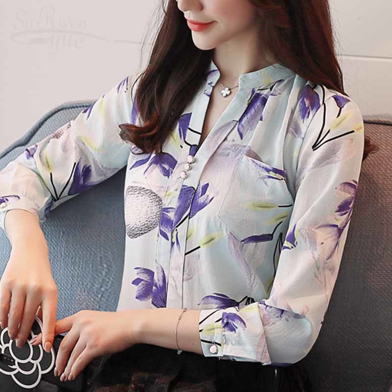 Autumn Long Sleeve Women's Blouses Print Chiffon Tops Fashion V-Neck Women Office Lady Shirt Blusas Mujer Z0001 40 210518