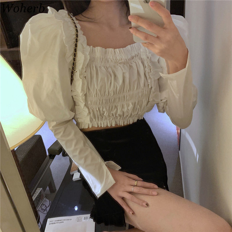 Sexy Off Shoulder Blouse Korean Chic Women Shirt Square Collar Long Puff Sleeve Crop Top Elegant Summer Blusas Mujer 210519