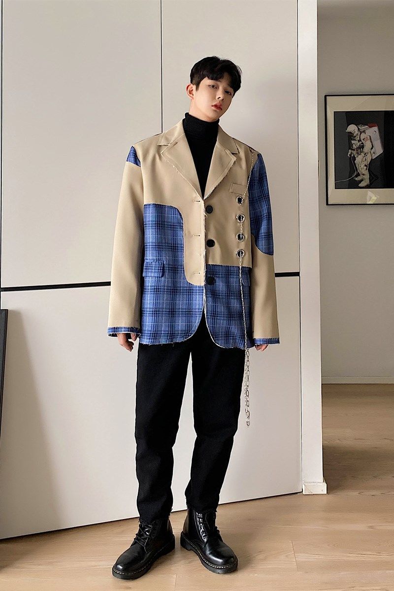 IEFB Korean blue paid color block patchwork blazers for men spring deisgn chian suit coat mens streetwear coat raw 9Y4396 210524