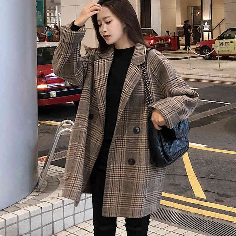 Plaid Thick Winter Coat Women Wool Blend Office Coats Fashion Double Breasted Warm Lady Jacket Long Sleeve Outwear Coat 210414