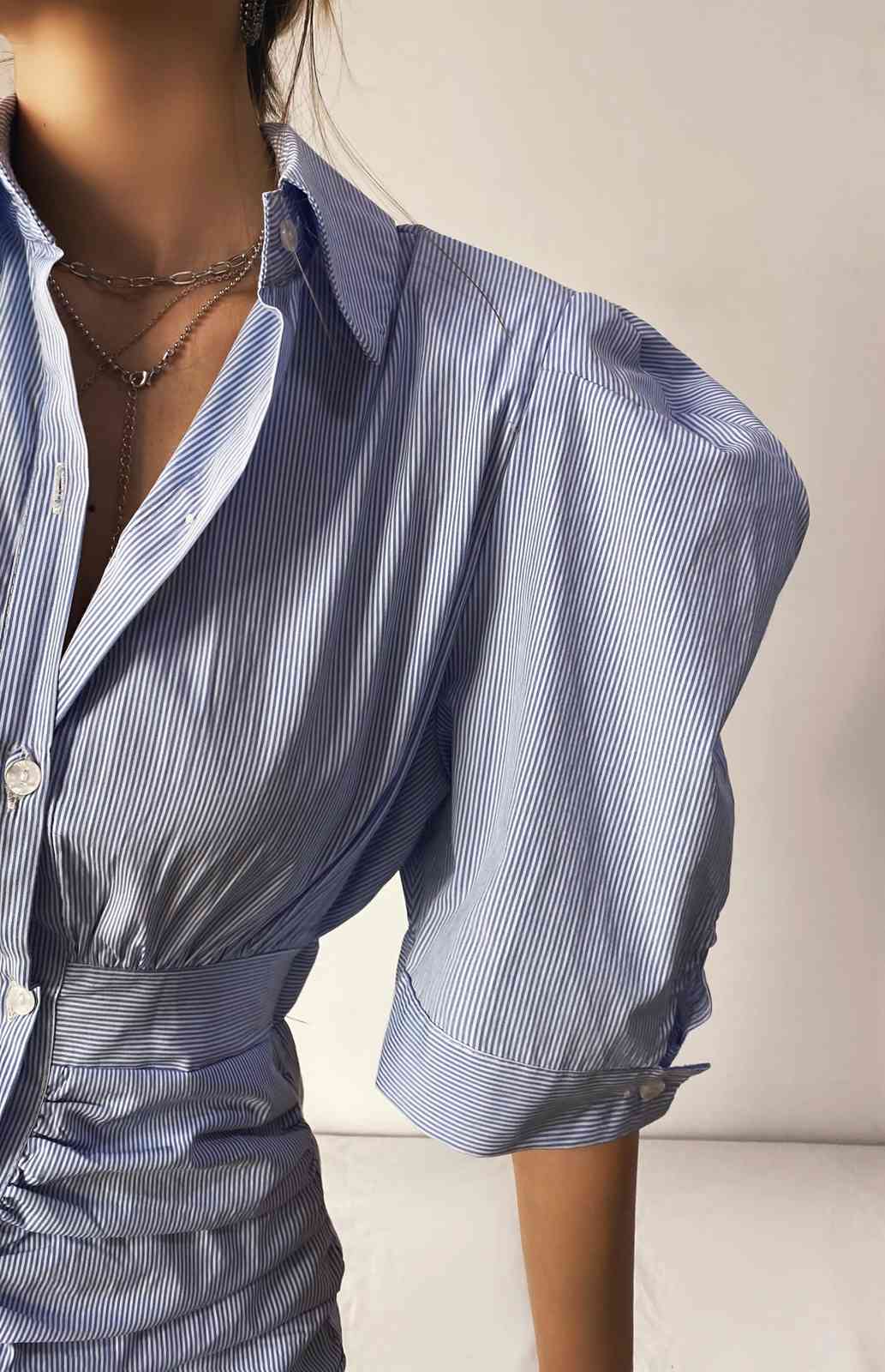 Retro Blue White Striped Pleated Ruched Mini Dress Woman Vintage Buttons Short Sleeve Puff Cuff Shirt Dresses Holiday 210429