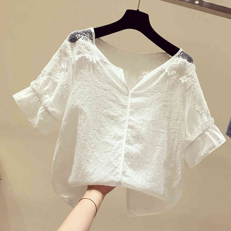 Solid Short Sleeve Lace White Shirt Korean Womens Tops and Blouses Blusas Mujer De Moda Loose Office Lady Clothes 9901 210506