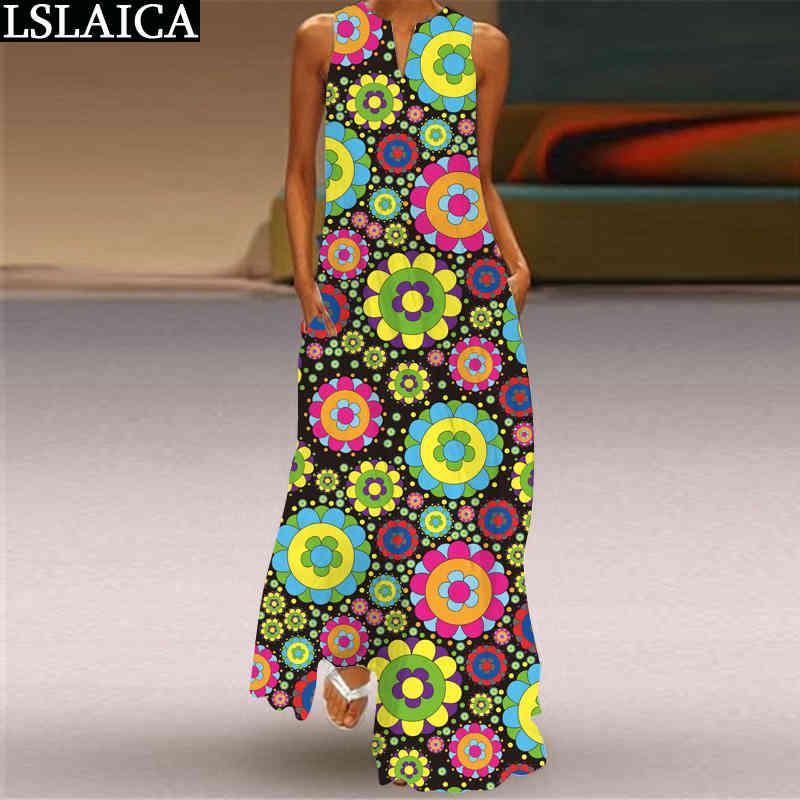 Woman Dress Sleeveless Print Casual Elegant Vintage Fashion A Line Plus Size Summer Streetwear Holiday Long es Ladies 210515
