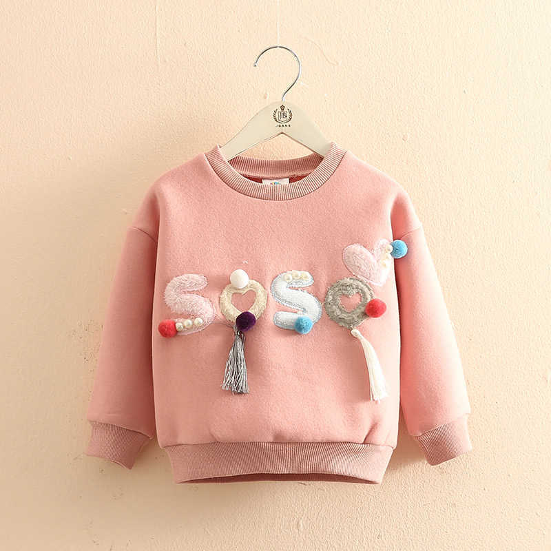 Autumn Warm Fashion 2 3 4-10 Years Long Sleeve Letter Ball Pearl Hoodies Kids Baby Girls Plus Velet Winter Sweatshirts 210529