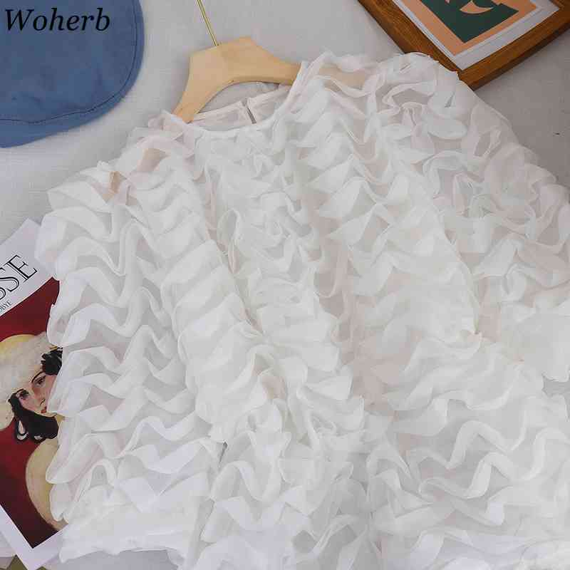 Short Bubble Sleeve Chiffon Lace Tops Women's Crew Neck Pleated Ruffle Slim Solid Color Elegant Shirts and Blouse Summer 210519