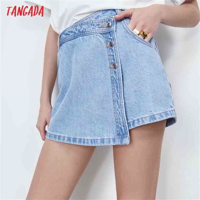 Tangada Women Elegant Denim Skirt Shorts Buttons Pockets Female Retro Summer Casual Pantalones 4M157 210714