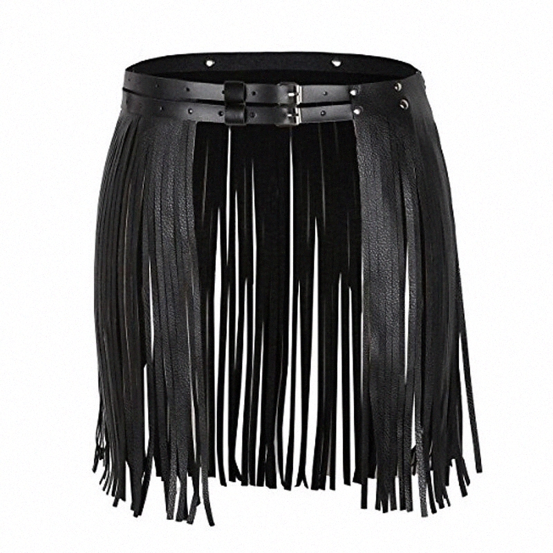 women's faux leather stylish fringe tassel skirt belt rave dance festival clothing black one size z14I#
