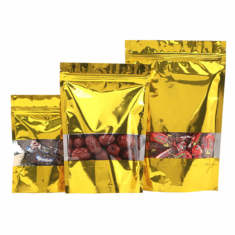 100pcs Stand up Glossy Gold Window Zip Lock Bag Resealable Golden Heat Sealing Sugar Kitechen Supplies Ground Coffee Corn Snack Display Storage Pouche