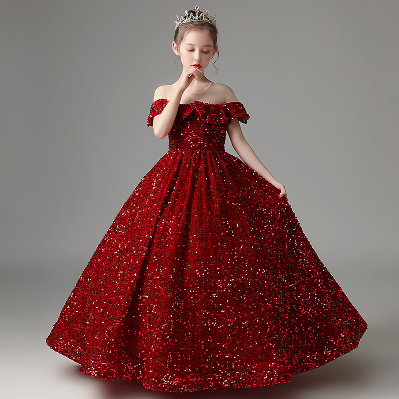 Eye Catching Burgundy Spakling Sequins Flower's Dresses Sheer Neckline Floor Length Ball Gown Girl's Party Dress