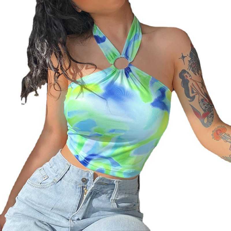 Water wave print contrast neck wrapped chest summer Europe and the United States ring splicing sexy slim navel vest 210602