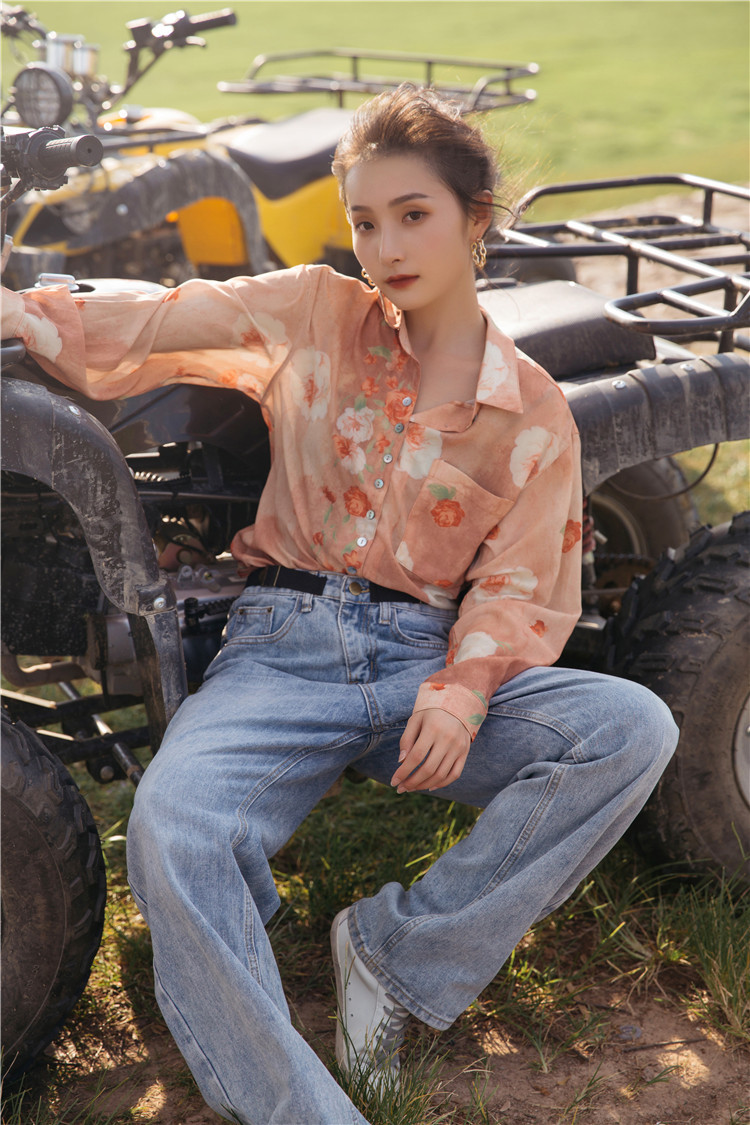 Tie Dye Floral Long Sleeve Top And Blouse Rose Print Orange Button Up Shirt Korean Fashion Fall Women Clothing 210427