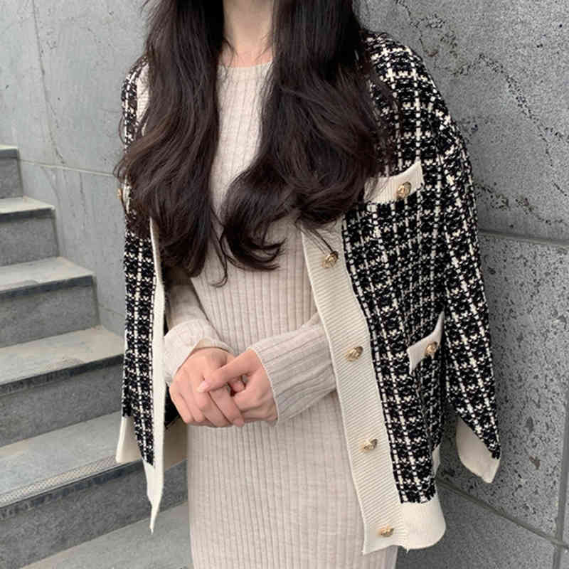 Vintage V Neck Women Knitted Sweaters Coat Korean Chic Plaid Female Cardigans New Chic Sueter Mujer Knitted Jacket 210417