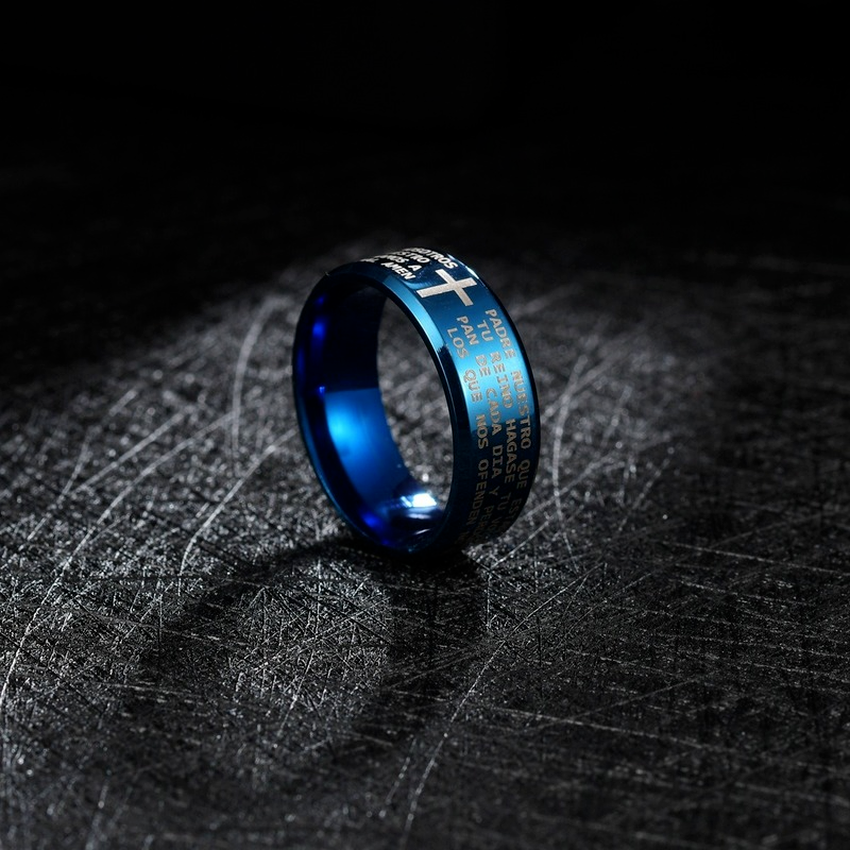 letter Scripture Cross Ring Band Stainless Steel Blue Black Bible Rings Finger for Women Men Christian Fashion Jewelry