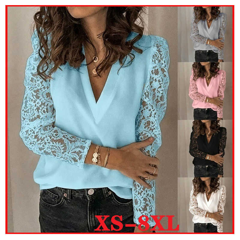 Women's Tshirts Casual Solid Color Lace Tops Long Sleeves Chiffon Plus Size T-Shirt Loose Pullover V Neck Women Clothing Tunic 210819