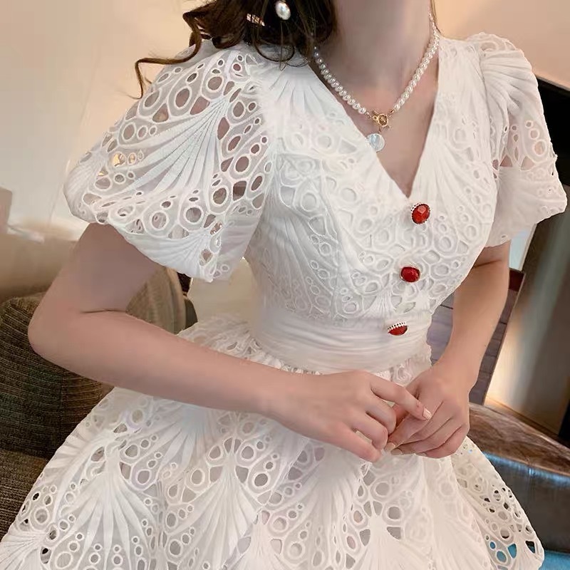 Party Puff Sleeve Vintage Princess Flower Embroidery Lace White Dress A Line Buttons Robe Longue Vestidos Largo Fiesta 210421