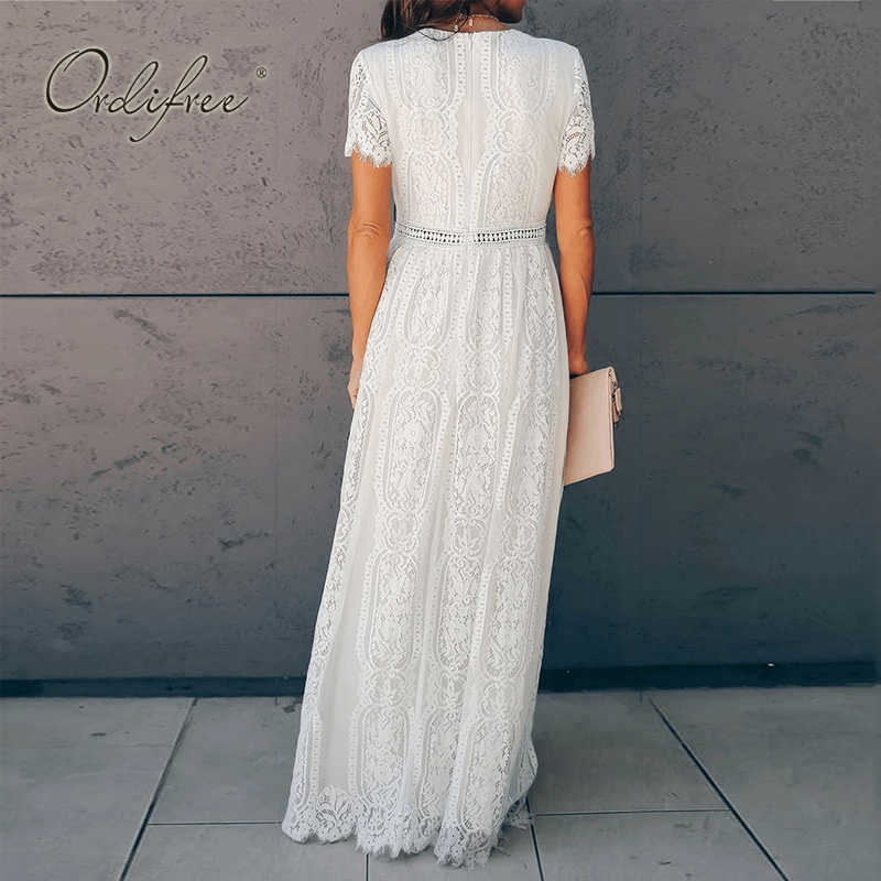 Ordifree Summer Vintage Women Maxi Party Dress Short Sleeve White Lace Long Tunic Beach Dress Vocation Holiday Clothes 210630
