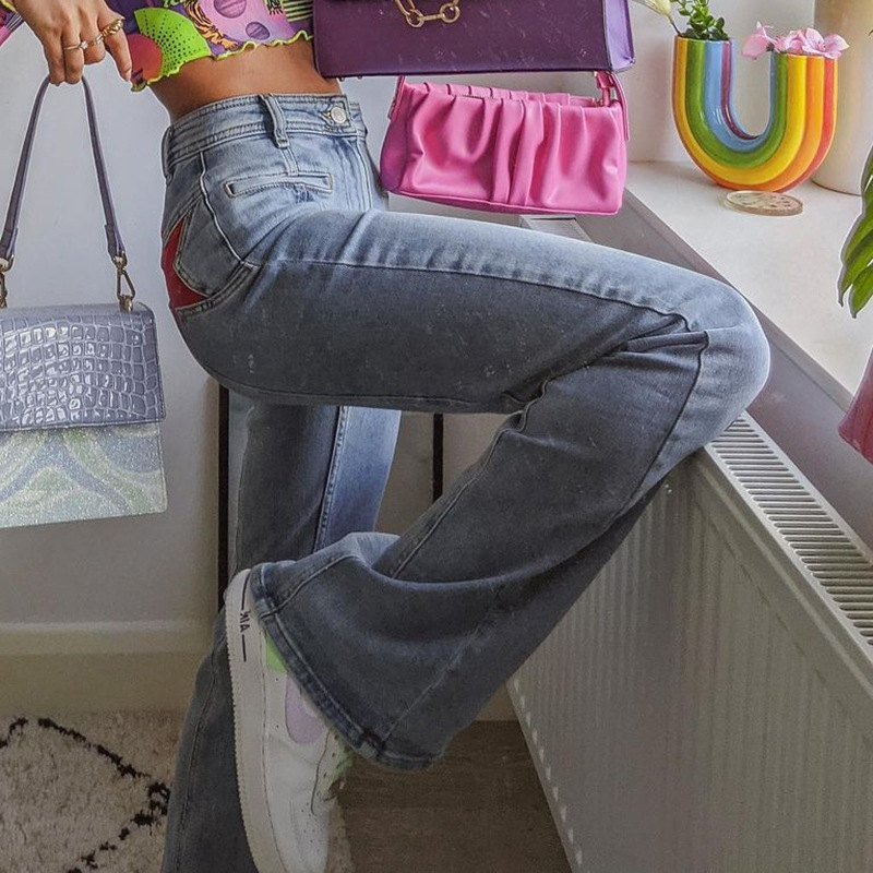 Mid Waist Back Pentagram Contrast Color Jeans Spring Women's Fashion Female Denim Pants Streetwear 5B367 210427