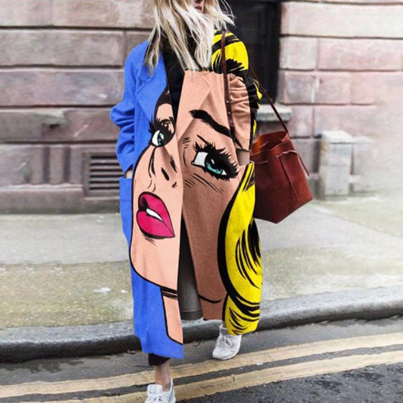 Women's Wool & Blends Vintage Pattern Winter Tweed Long Cardigan Coat Fashion Lapel Pocket Loose Outerwear Autumn Women Sleeve Casual Jacket