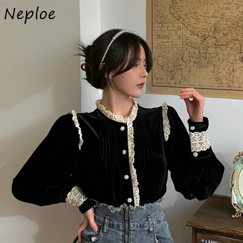 Elegant Lace Patchwork Velour Blouse Women Stand Collar Long Sleeve Single Breast Blusas Spring Shirt Feminino 210422