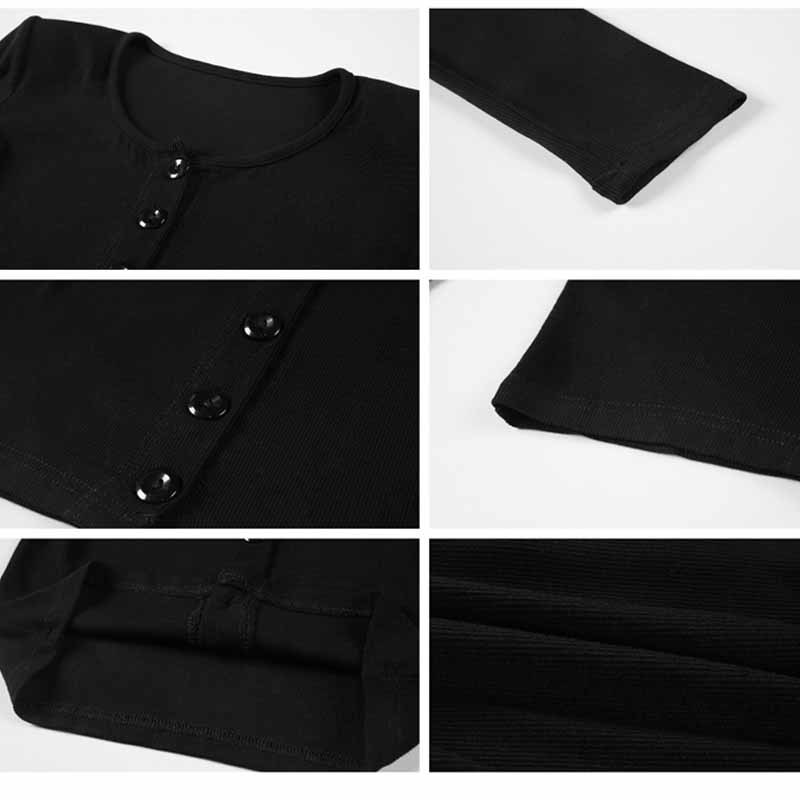 Shoulder Pads Exposed Clavicle O-neck Cardigan Slim Blouses Women Long Sleeve Solid Black Knitted Bottoming Short Tops 11911 210508