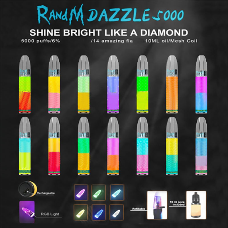 RandM Dazzle 5000 Puffs Disposable E Cigarettes 6% 10ml Pre-filled Pod 650mAh Rechargeable Battery With RGB Light 14 Colors Vape Pen Device
RandM Dazzle 5000 Puffs Disposable E Cigarettes 6% 10ml Pre-filled Pod 650mAh Rechargeable Battery With RGB Light 14 Colors Vape Pen Device