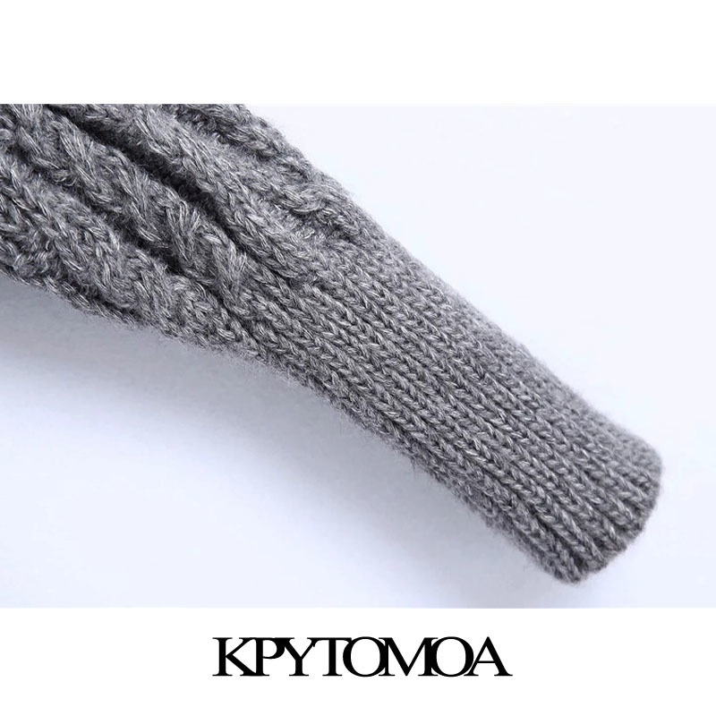 Women Fashion Asymmetric Cropped Cable-knit Sweater High Neck Lantern Sleeve Female Pullovers Chic Tops 210420