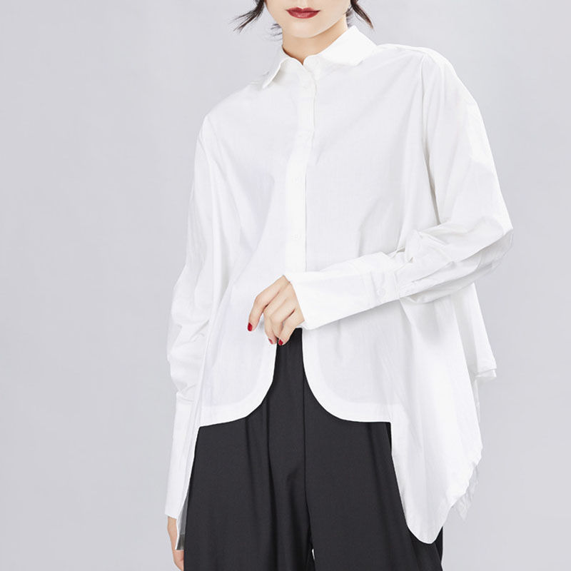 Women Pleated Big Size Irregular Blouse Lapel Long Sleeve Loose Fit Shirt Fashion Spring Autumn 210524
